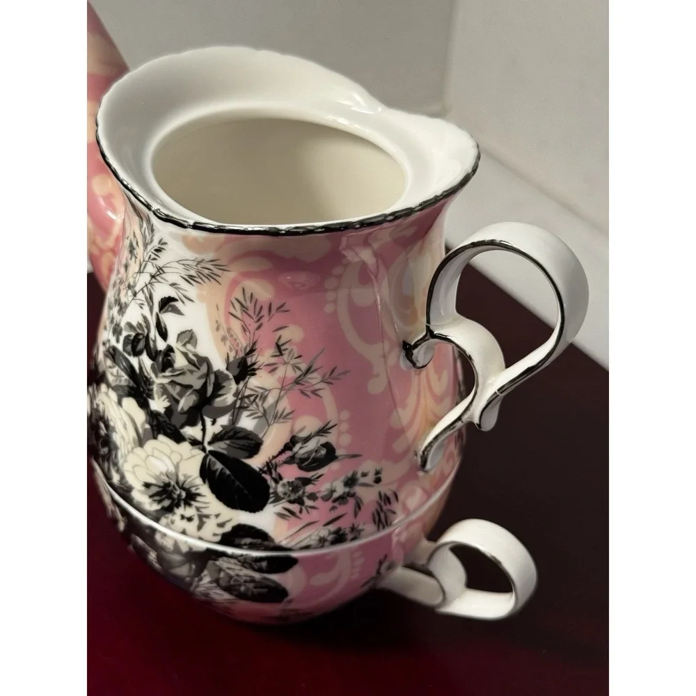 3 Piece Tea Pot With Cup pink Black and white Tea pot with lid In Excellent Cond
